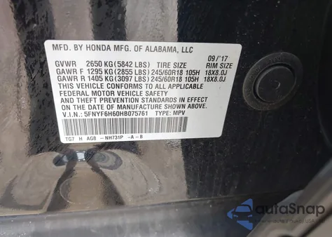 2017 Honda Pilot Ex-L z USA, uszkodzony, nr VIN 5FNYF6H60HB075761